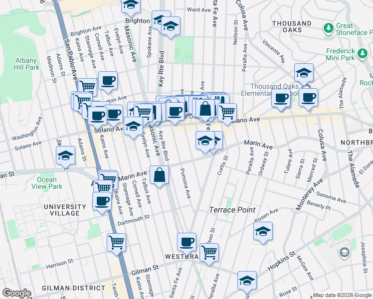 map of restaurants, bars, coffee shops, grocery stores, and more near 1329 Marin Avenue in Albany