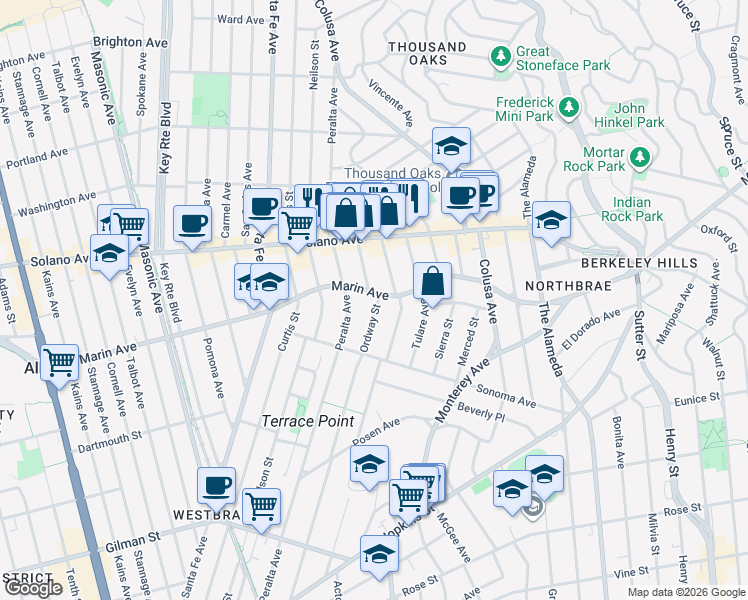 map of restaurants, bars, coffee shops, grocery stores, and more near 1562 Marin Avenue in Albany