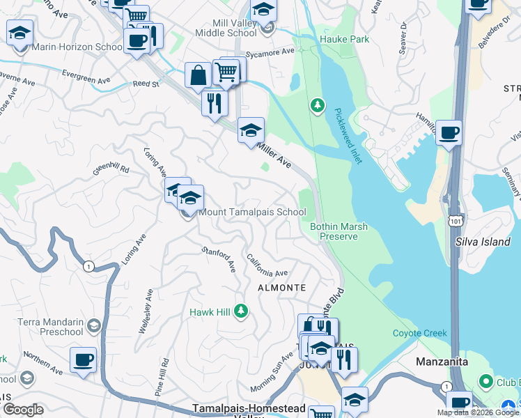 map of restaurants, bars, coffee shops, grocery stores, and more near 120 Rising Road in Mill Valley
