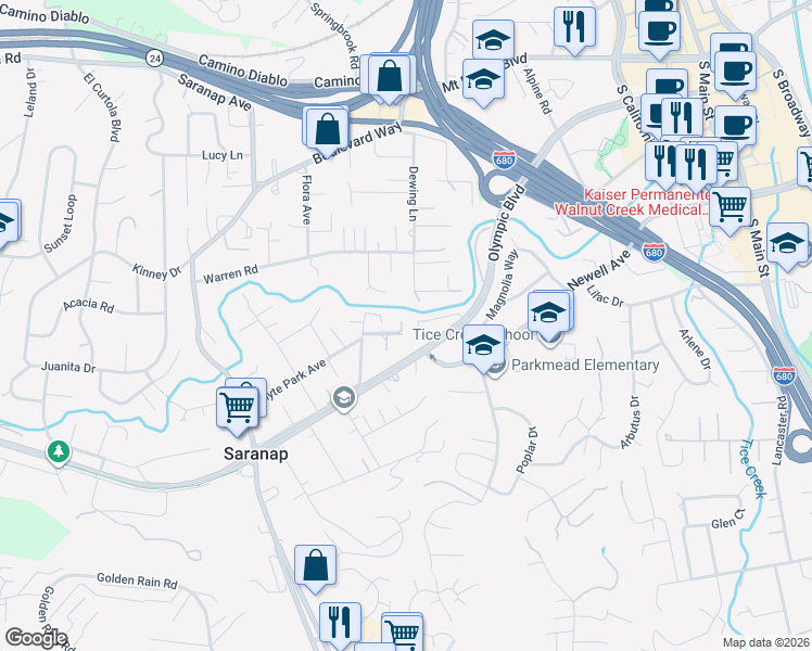 map of restaurants, bars, coffee shops, grocery stores, and more near in Walnut Creek