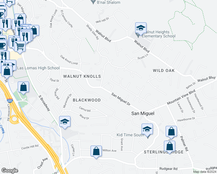 map of restaurants, bars, coffee shops, grocery stores, and more near 2124 San Miguel Dr in Walnut Creek