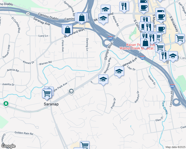 map of restaurants, bars, coffee shops, grocery stores, and more near 1312 South Villa Way in Walnut Creek