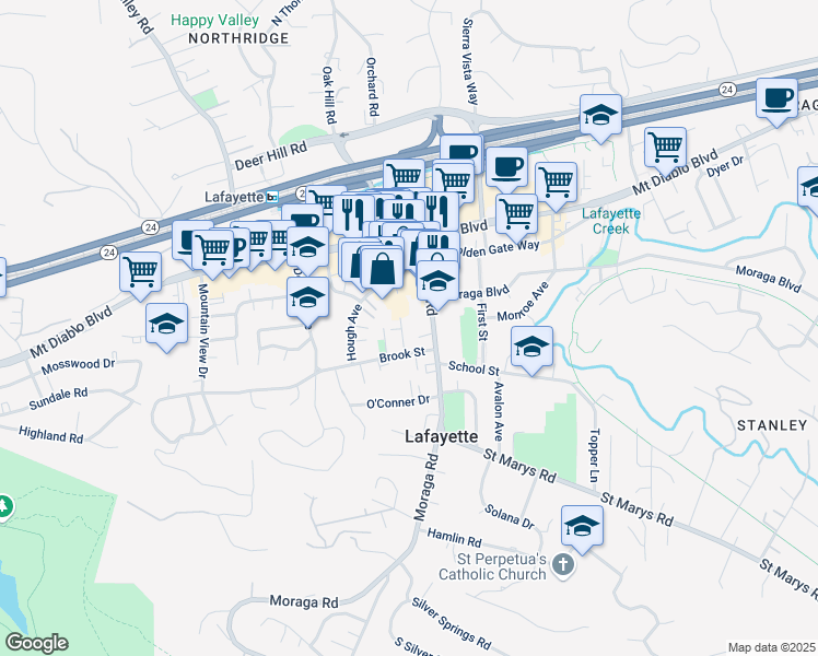 map of restaurants, bars, coffee shops, grocery stores, and more near 3542 Brook Street in Lafayette
