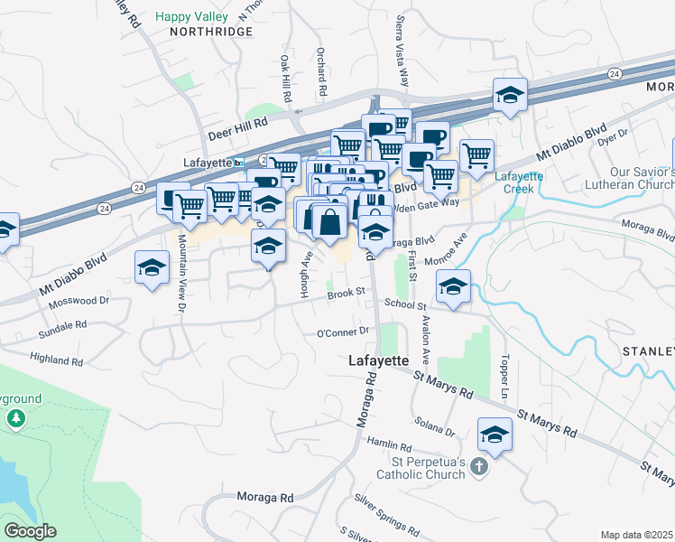 map of restaurants, bars, coffee shops, grocery stores, and more near 3542 Brook Street in Lafayette