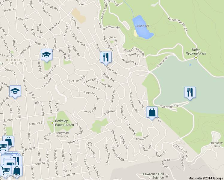 map of restaurants, bars, coffee shops, grocery stores, and more near 2881 Shasta Road in Berkeley