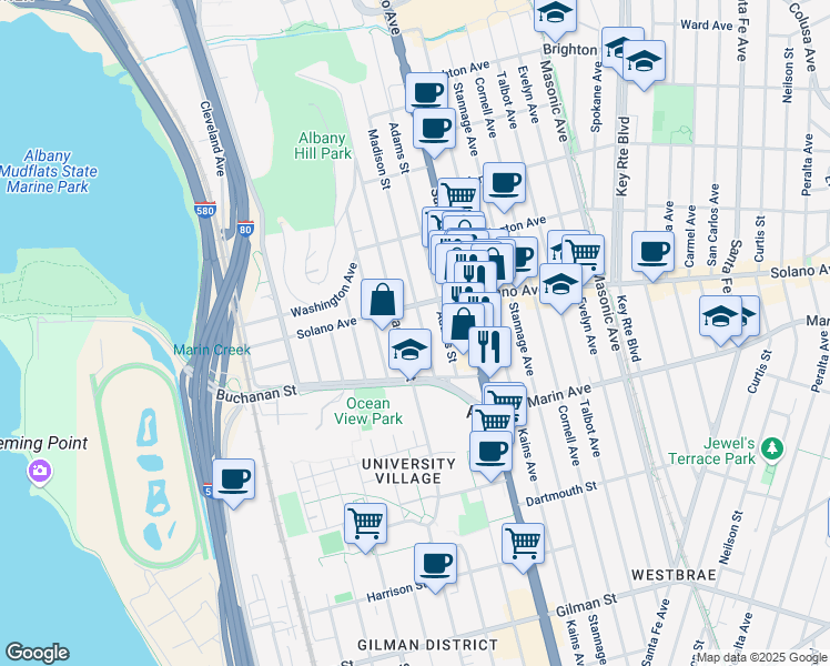 map of restaurants, bars, coffee shops, grocery stores, and more near 937 Jackson Street in Albany