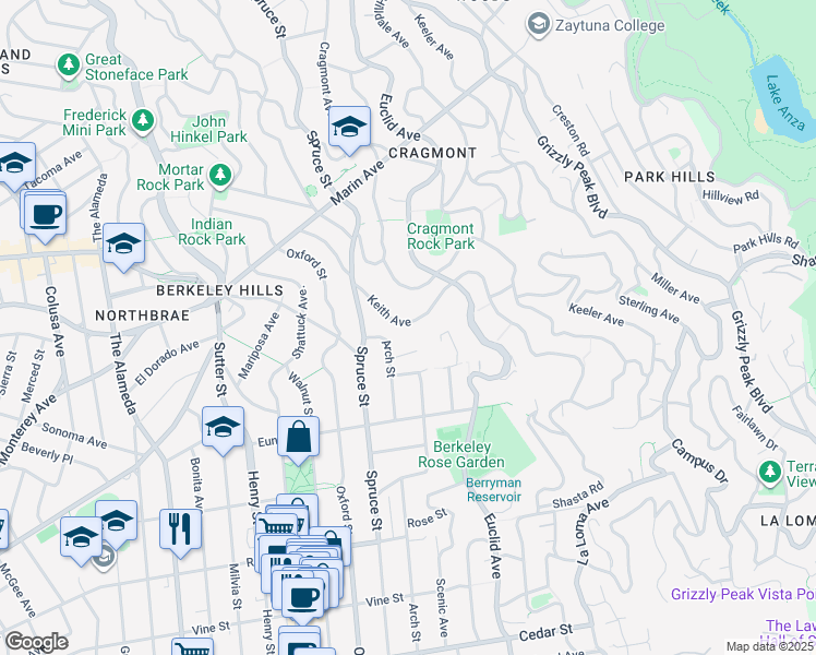 map of restaurants, bars, coffee shops, grocery stores, and more near 1036 Keith Avenue in Berkeley