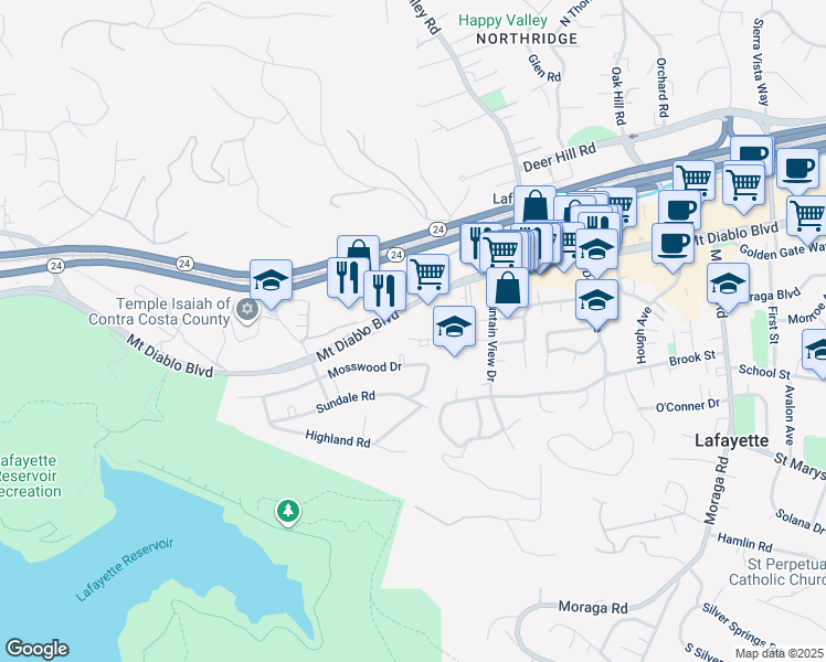 map of restaurants, bars, coffee shops, grocery stores, and more near 3697 Mount Diablo Boulevard in Lafayette
