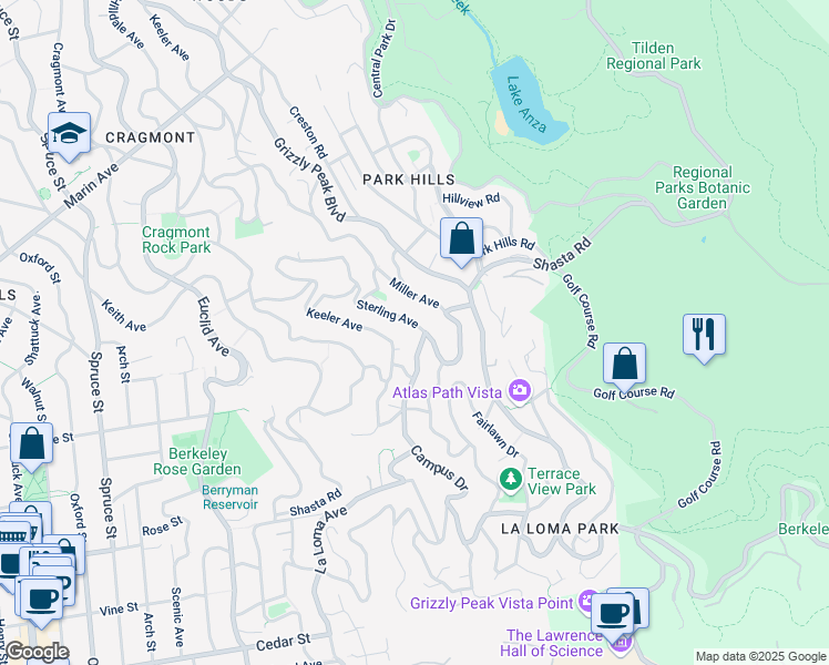 map of restaurants, bars, coffee shops, grocery stores, and more near 2881 Shasta Road in Berkeley