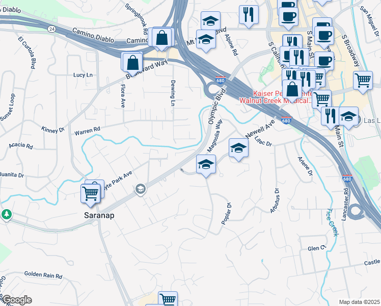 map of restaurants, bars, coffee shops, grocery stores, and more near 1031 South Villa Way in Walnut Creek