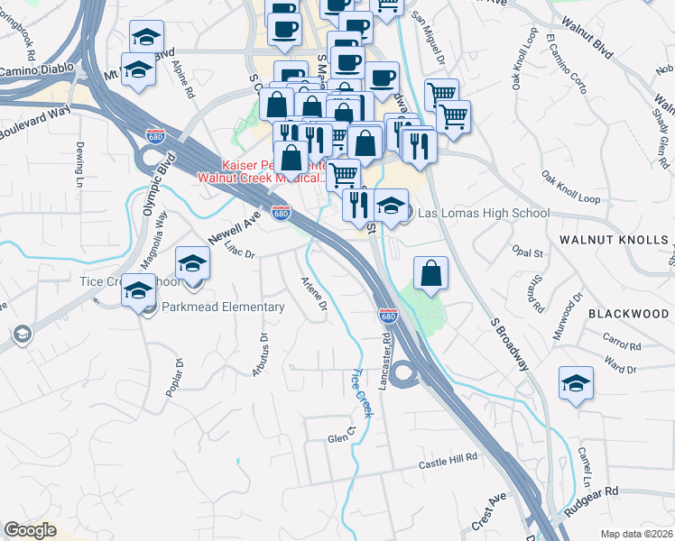 map of restaurants, bars, coffee shops, grocery stores, and more near 56 Clifton Court in Walnut Creek