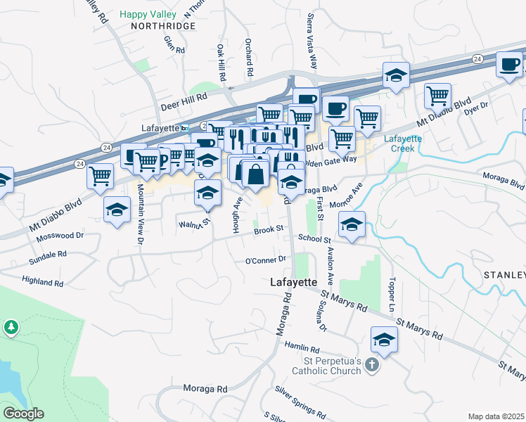 map of restaurants, bars, coffee shops, grocery stores, and more near 949 East Street in Lafayette