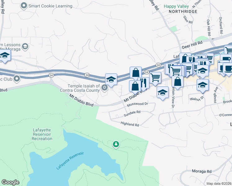 map of restaurants, bars, coffee shops, grocery stores, and more near 3810 Mount Diablo Boulevard in Lafayette