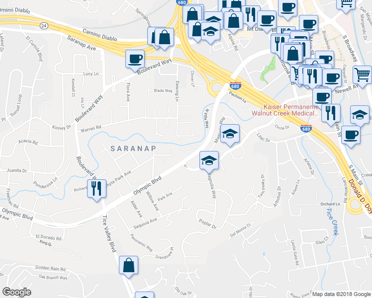 map of restaurants, bars, coffee shops, grocery stores, and more near 1312 South Villa Way in Walnut Creek