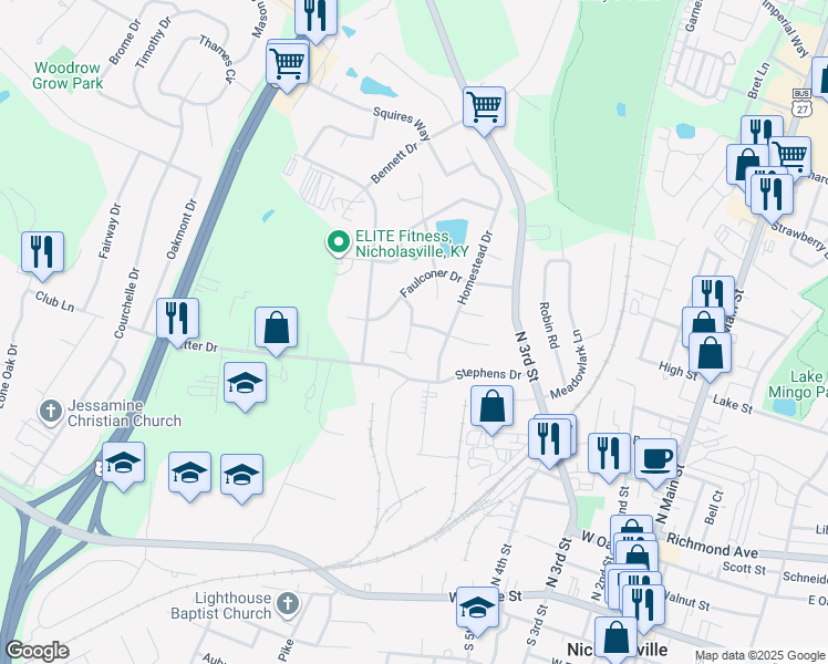 map of restaurants, bars, coffee shops, grocery stores, and more near 307 Parker Place in Nicholasville