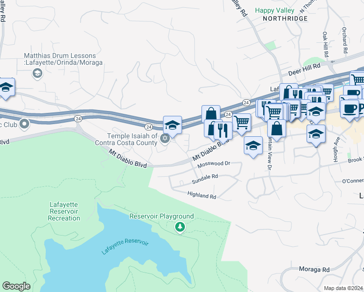 map of restaurants, bars, coffee shops, grocery stores, and more near 3780 Mount Diablo Boulevard in Lafayette