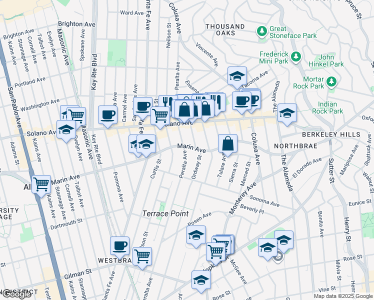 map of restaurants, bars, coffee shops, grocery stores, and more near 959 Peralta Avenue in Albany
