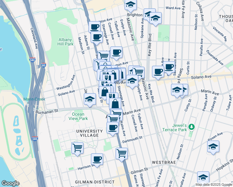 map of restaurants, bars, coffee shops, grocery stores, and more near 955 San Pablo Avenue in Albany