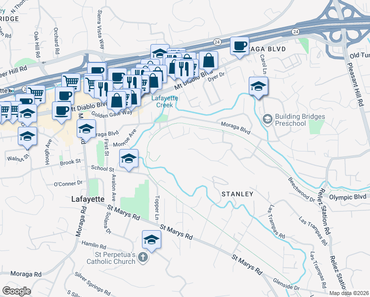 map of restaurants, bars, coffee shops, grocery stores, and more near 1005 Hawthorne Drive in Lafayette