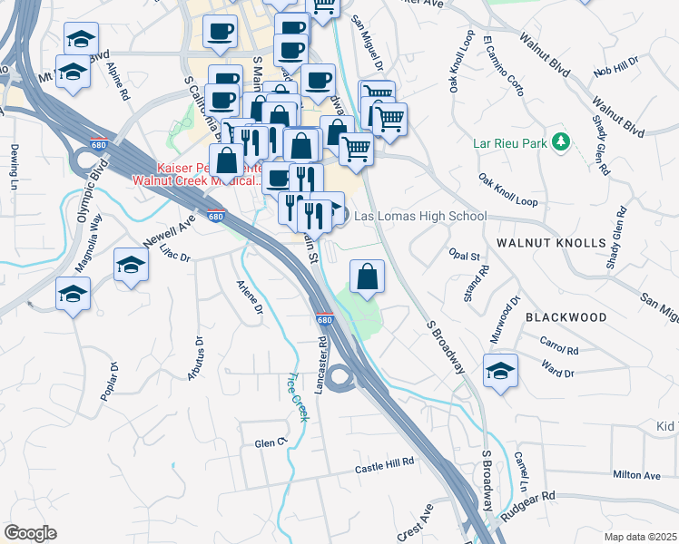 map of restaurants, bars, coffee shops, grocery stores, and more near 1555 South Main Street in Walnut Creek