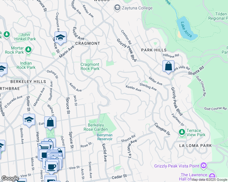 map of restaurants, bars, coffee shops, grocery stores, and more near 1125 Keith Avenue in Berkeley