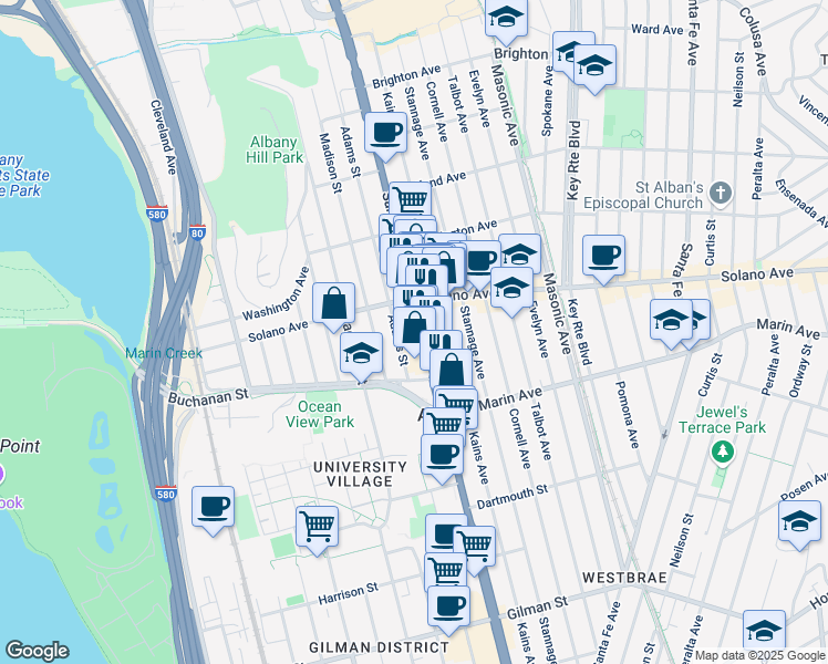 map of restaurants, bars, coffee shops, grocery stores, and more near 928 San Pablo Avenue in Albany