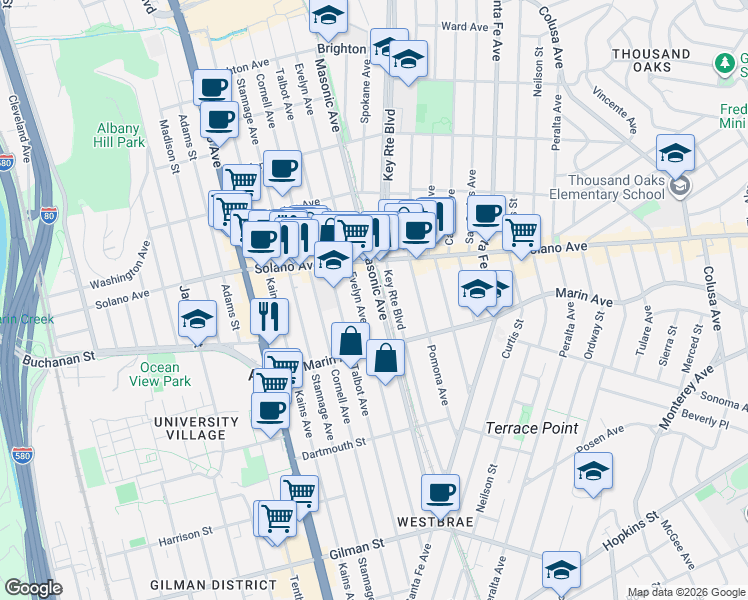 map of restaurants, bars, coffee shops, grocery stores, and more near 960 Evelyn Avenue in Albany