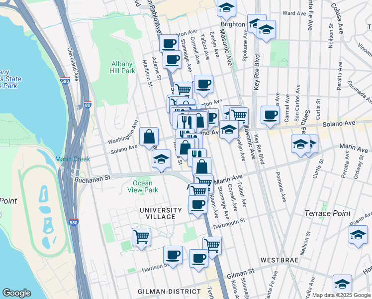 map of restaurants, bars, coffee shops, grocery stores, and more near 946 Adams Street in Albany