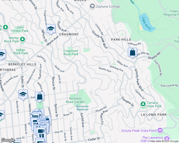 map of restaurants, bars, coffee shops, grocery stores, and more near 1125 Keith Avenue in Berkeley