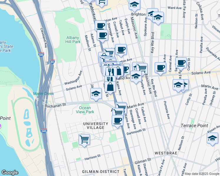 map of restaurants, bars, coffee shops, grocery stores, and more near 928 San Pablo Avenue in Albany
