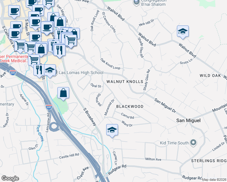 map of restaurants, bars, coffee shops, grocery stores, and more near 2013 San Miguel Drive in Walnut Creek