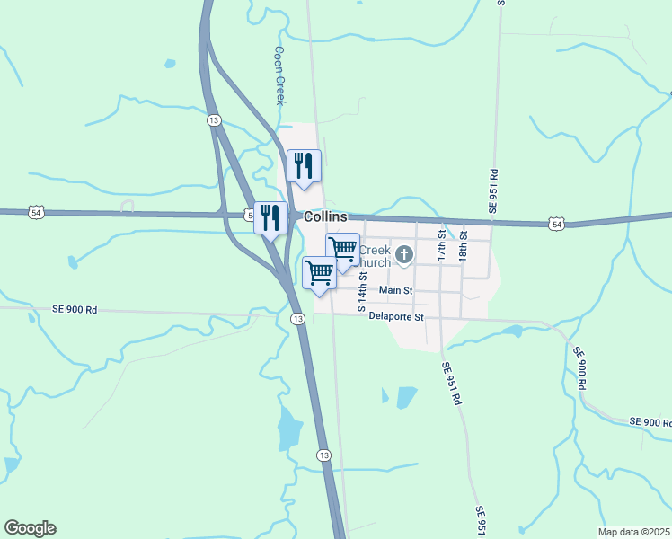 map of restaurants, bars, coffee shops, grocery stores, and more near 1301-1399 Coon Creek Street in Collins