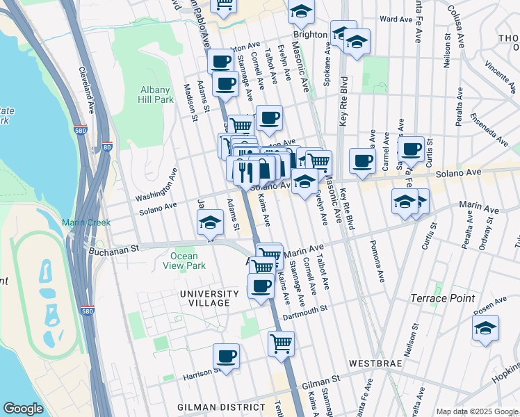 map of restaurants, bars, coffee shops, grocery stores, and more near 936 Kains Avenue in Albany