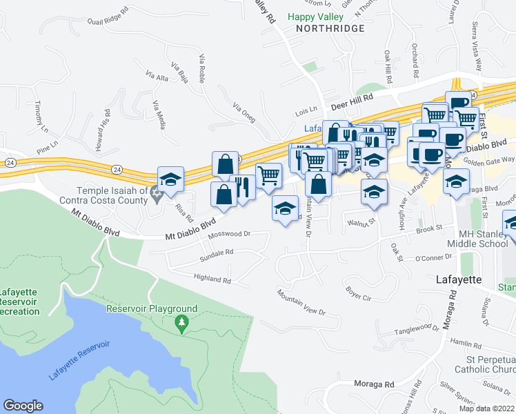 map of restaurants, bars, coffee shops, grocery stores, and more near 3697 Mount Diablo Boulevard in Lafayette