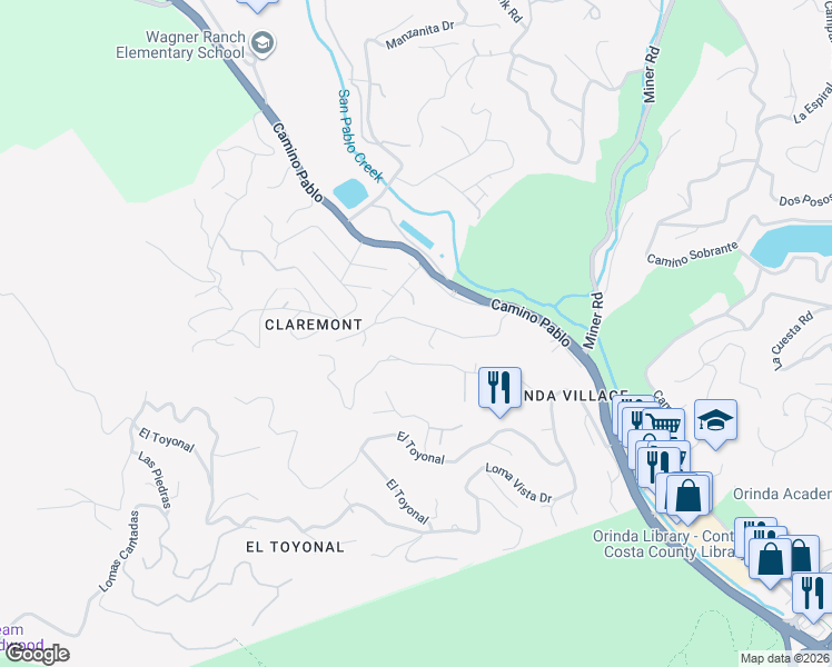 map of restaurants, bars, coffee shops, grocery stores, and more near 47 Ardilla Road in Orinda