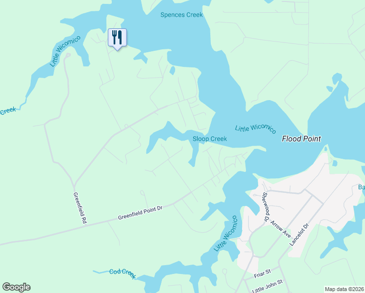 map of restaurants, bars, coffee shops, grocery stores, and more near 153 Skys Limit Court in Reedville