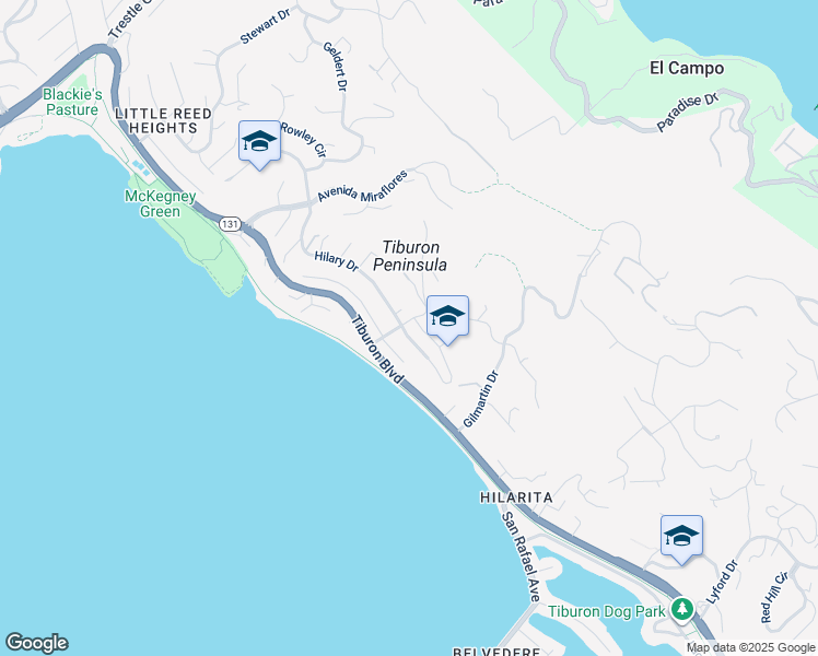 map of restaurants, bars, coffee shops, grocery stores, and more near 705 Hilary Drive in Tiburon