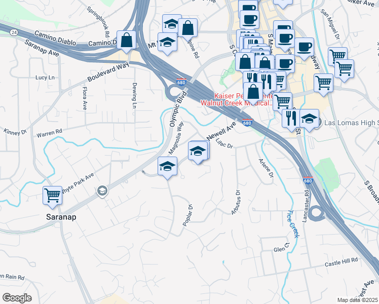 map of restaurants, bars, coffee shops, grocery stores, and more near 1836 Newell Avenue in Walnut Creek