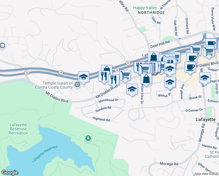 map of restaurants, bars, coffee shops, grocery stores, and more near 3720 Mount Diablo Boulevard in Lafayette