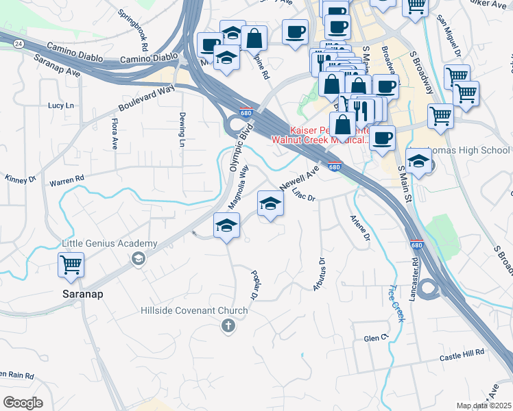 map of restaurants, bars, coffee shops, grocery stores, and more near 1836 Newell Avenue in Walnut Creek