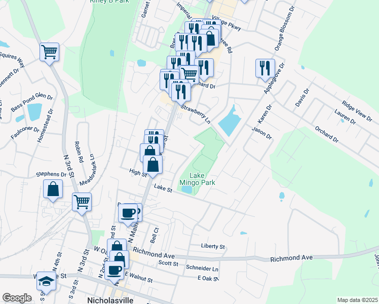map of restaurants, bars, coffee shops, grocery stores, and more near 113-115 Perthshire Court in Nicholasville