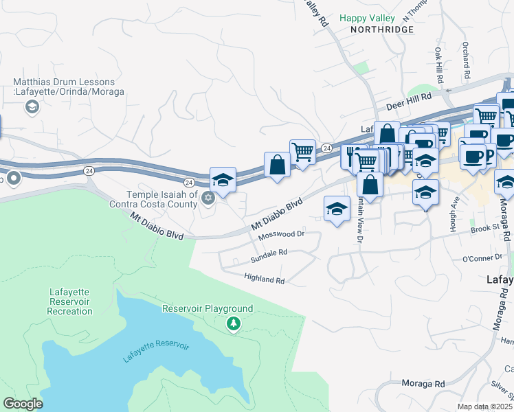 map of restaurants, bars, coffee shops, grocery stores, and more near 3742 Mount Diablo Boulevard in Lafayette