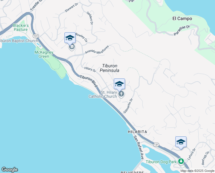 map of restaurants, bars, coffee shops, grocery stores, and more near 94 Rock Hill Drive in Belvedere Tiburon