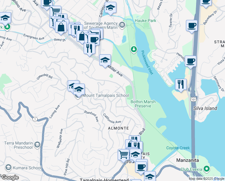 map of restaurants, bars, coffee shops, grocery stores, and more near 122 Almonte Boulevard in Mill Valley