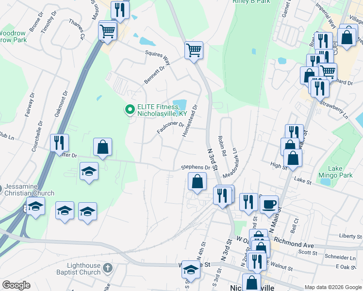 map of restaurants, bars, coffee shops, grocery stores, and more near 105 Geneva Court in Nicholasville