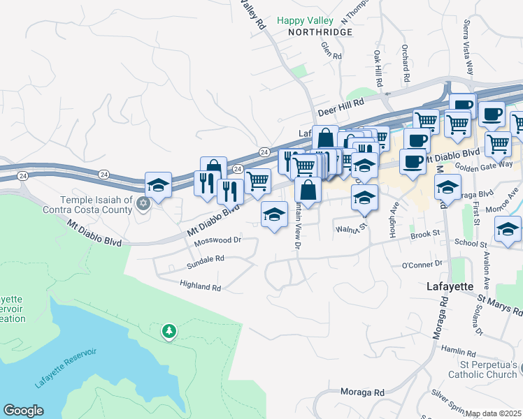 map of restaurants, bars, coffee shops, grocery stores, and more near in Lafayette