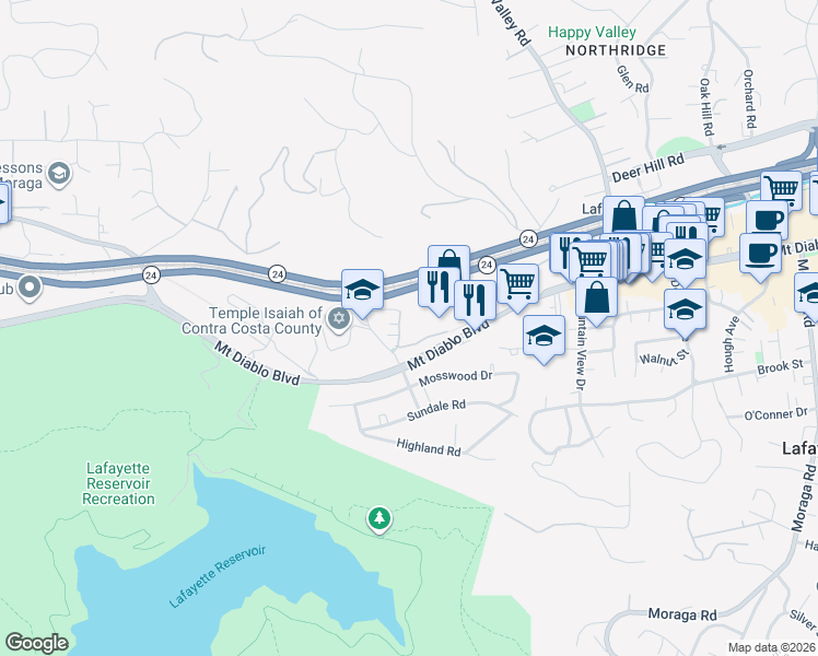 map of restaurants, bars, coffee shops, grocery stores, and more near 3742 Mount Diablo Boulevard in Lafayette