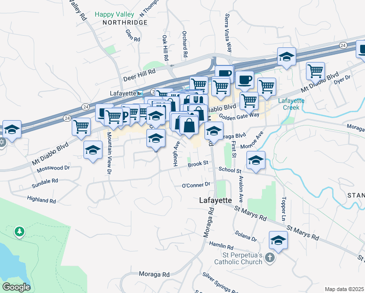 map of restaurants, bars, coffee shops, grocery stores, and more near 950 Hough Avenue in Lafayette