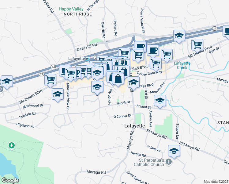 map of restaurants, bars, coffee shops, grocery stores, and more near 950 Hough Avenue in Lafayette