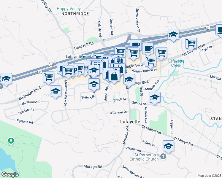 map of restaurants, bars, coffee shops, grocery stores, and more near in Lafayette